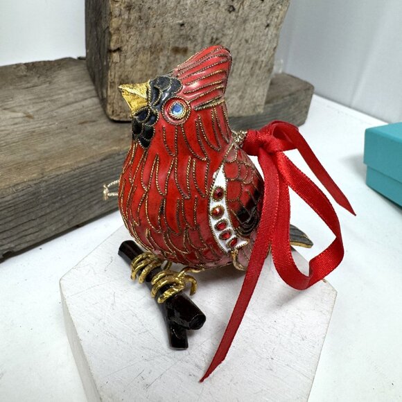 Vintage Red  Cloisonné Enamel Jeweled Cardinal Ornament Gold Trim - Picture 4 of 8